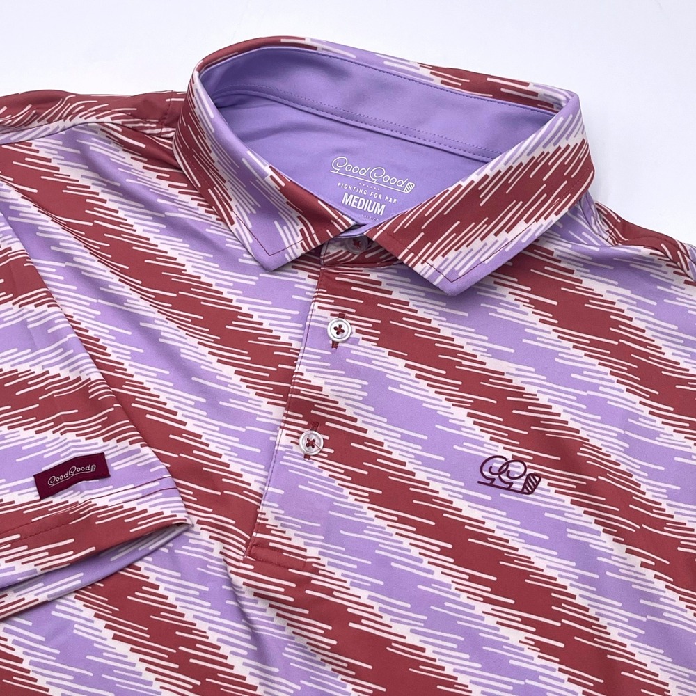 Good Good Golf Polo Shirt Mens Medium Purple‎ Burgundy Stripe Performance Fit